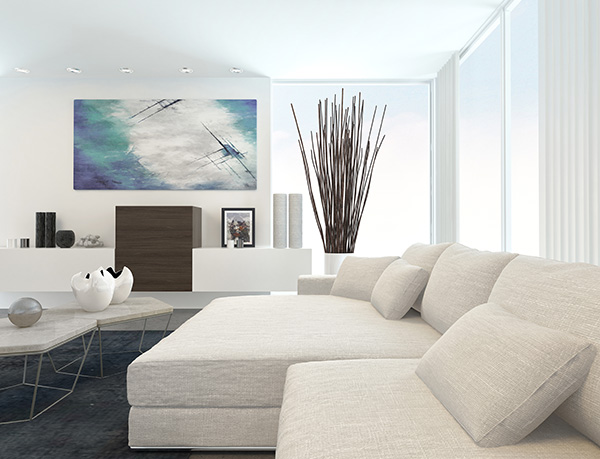 Clean and minimal modern living room with white sofa and lots of light
